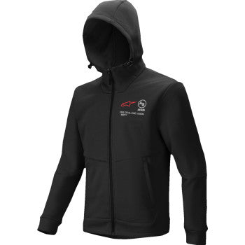 Black ALPINESTARS Racer MX fleece hoodie in XL with front pocket and logo detail, designed for motocross enthusiasts.