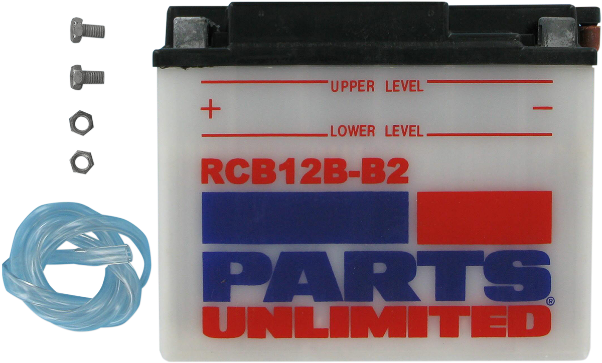 Parts Unlimited RCB12B-B2 heavy-duty motorcycle battery with anti-sulfation technology, showing terminals and compact design.