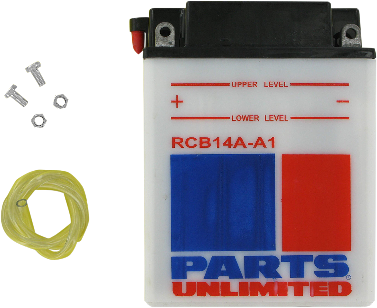 Heavy-duty motorcycle battery by PARTS UNLIMITED featuring anti-sulfation technology, model RCB14A-A1, with positive and negative terminals visible.