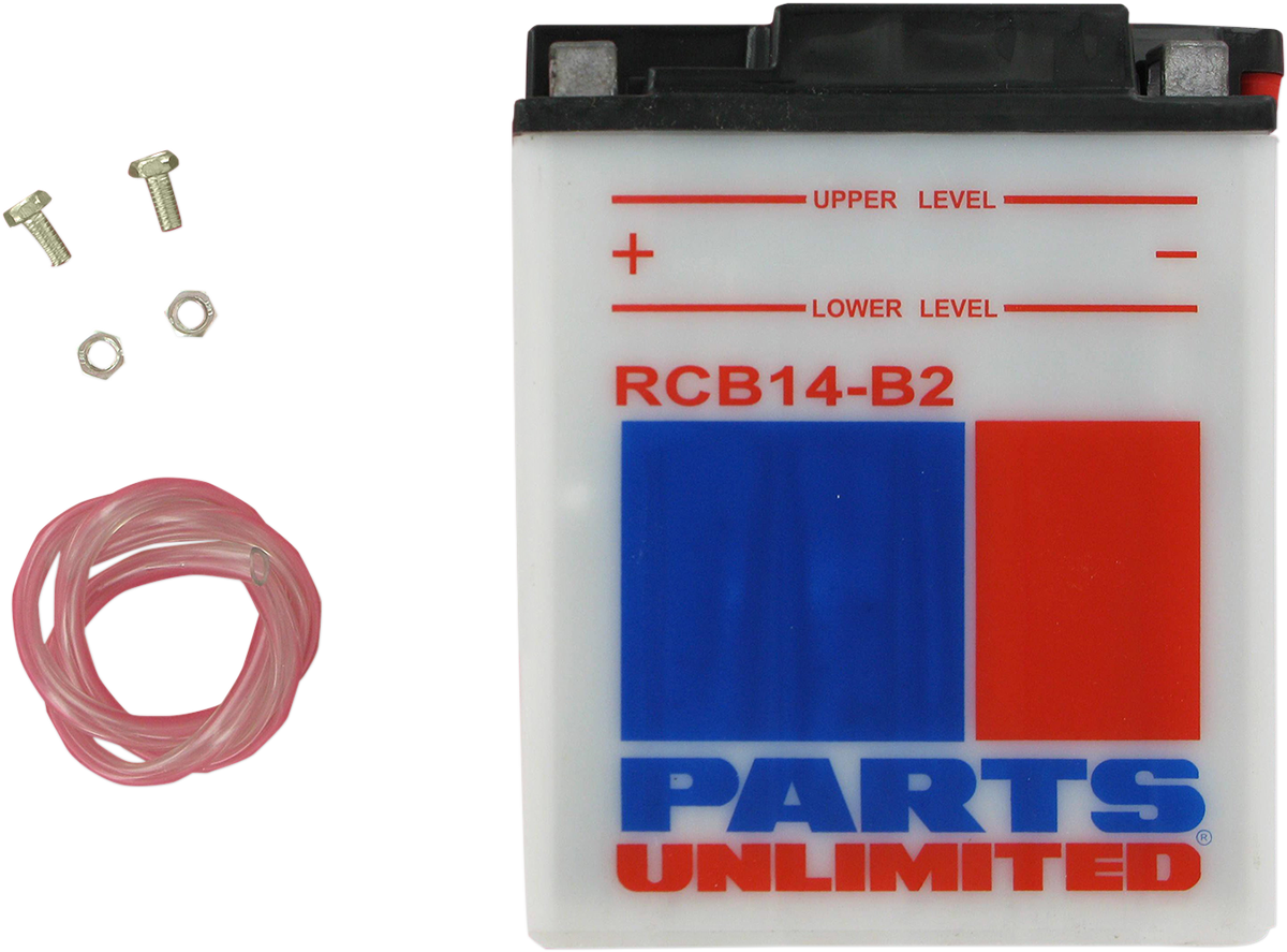 Heavy-duty motorcycle battery from Parts Unlimited, Model CB14-B2, designed for reliable starting power and durability.