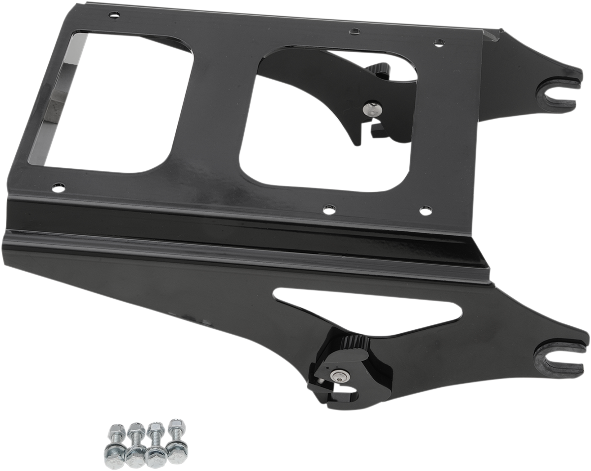 Black DRAG SPECIALTIES Tour Box Mount for Dresser motorcycle models, showing the sturdy metal bracket and mounting hardware.