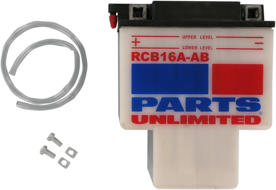 Heavy-duty Parts Unlimited HYB16A-AB motorcycle battery with label and terminals, designed for durable motorcycle power.