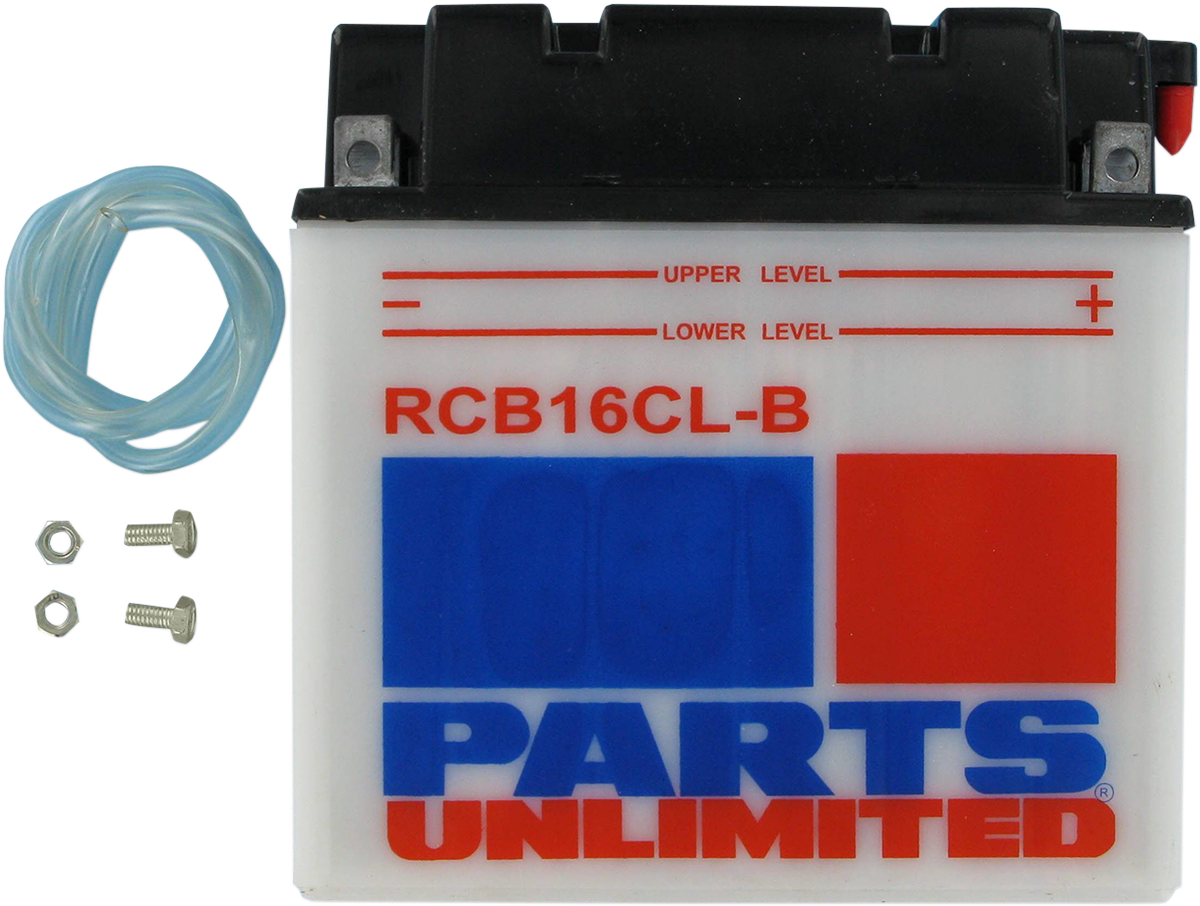 Heavy-duty motorcycle battery from Parts Unlimited, model RCB16CL-B, with black case and terminal posts.