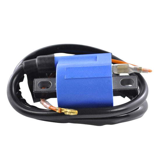 RM STATOR external ignition coil with spark plug cap, featuring part number RM06003, shown in a close-up view.
