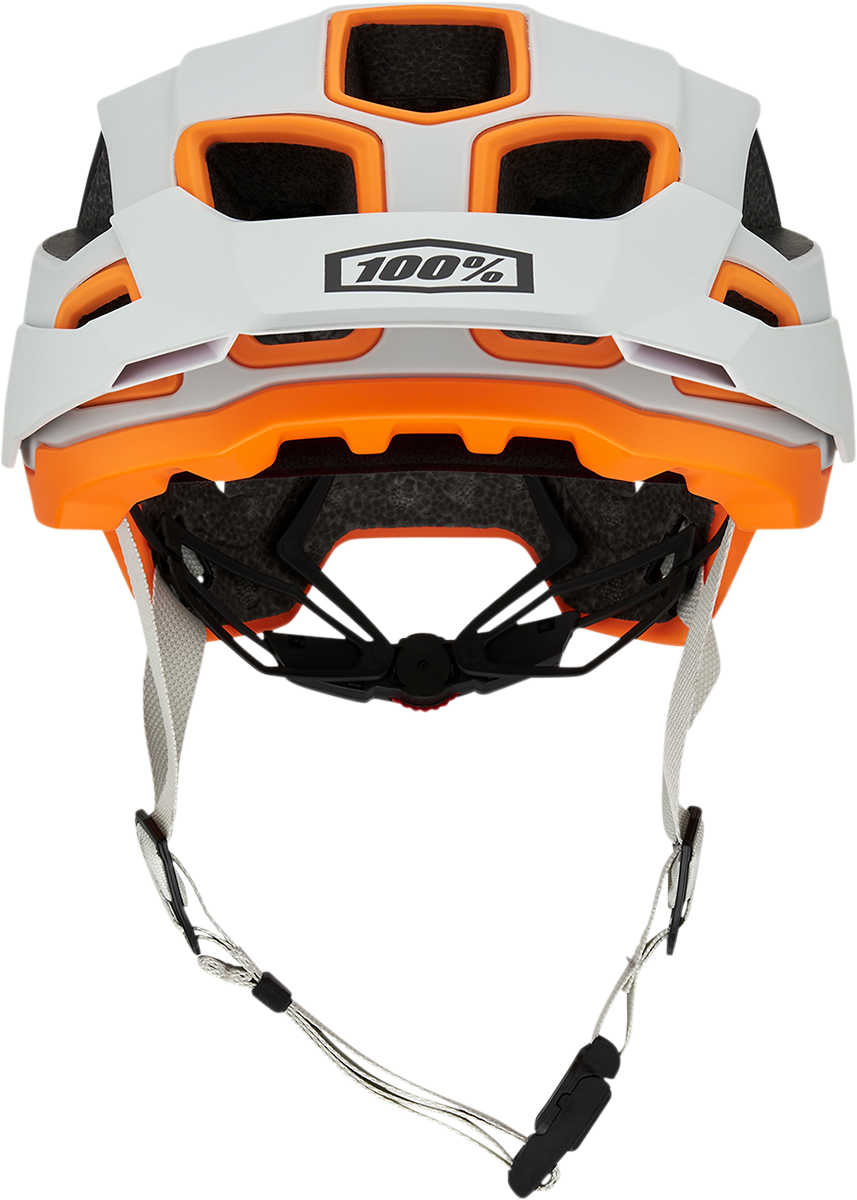 Light gray 100% Altec bicycle helmet by Bill's Exhausts with Fidlock buckle, CPSC and CE certified, size S/M, shown from side view.
