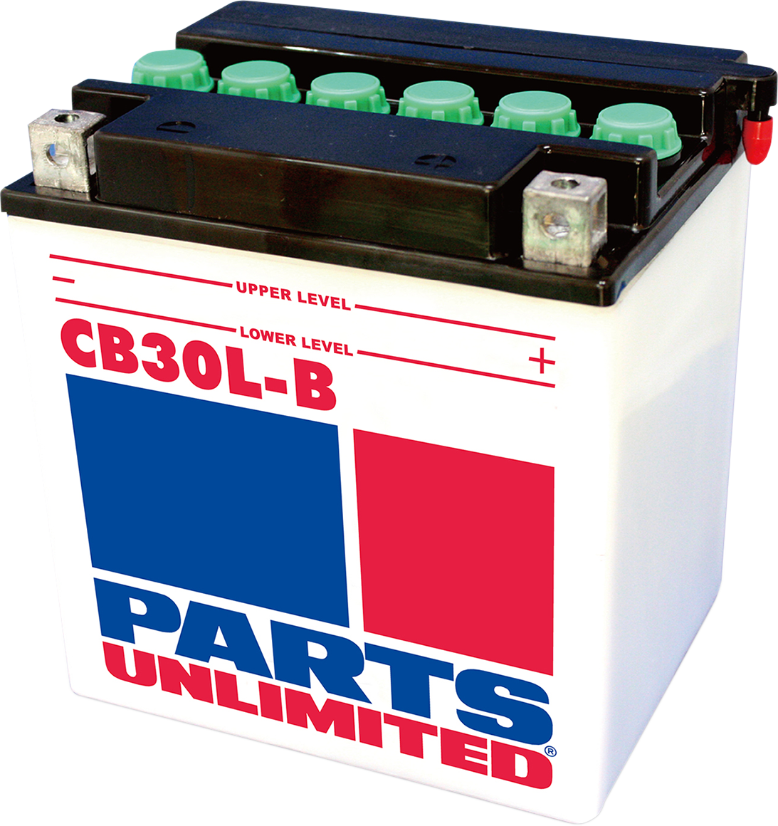 Parts Unlimited YB30L-B heavy-duty motorcycle battery, CB30L-B model, with visible terminals and durable casing for motorcycle power.