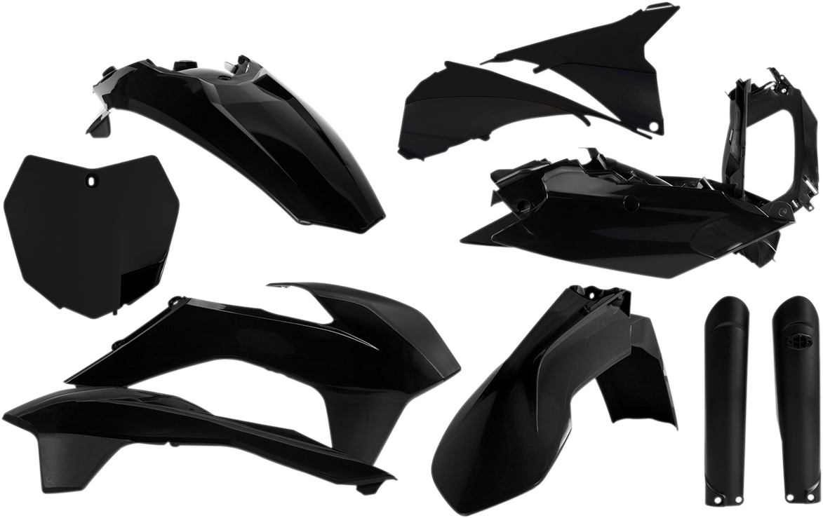Acerbis black full replacement body kit for motorcycles, featuring sleek, durable plastic panels and design details.