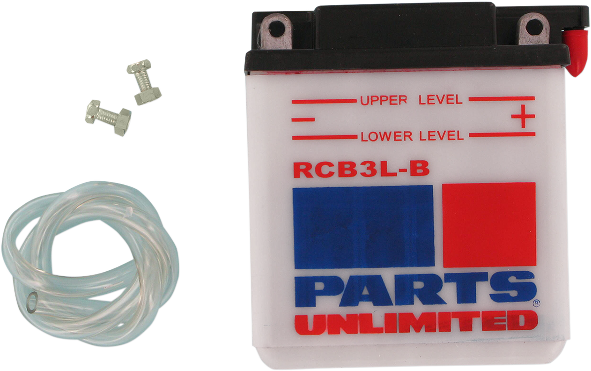 Parts Unlimited heavy-duty motorcycle battery RCB3L-B with enhanced starting power, shown in this product image.