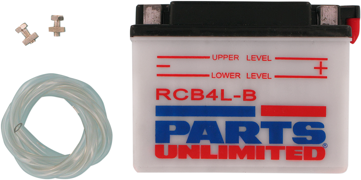 Heavy-duty motorcycle battery by Parts Unlimited, model YB4L-B, designed for durable power in CB4L-B compatible bikes.