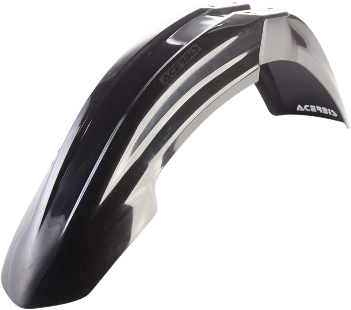 Black Acerbis front fender for motorcycle, body part with mounting points, designed for durability and style.