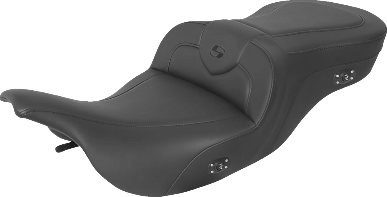 Black SADDLEMEN Heated RoadSofa seat without backrest, featuring black stitching, designed for motorcycle comfort.