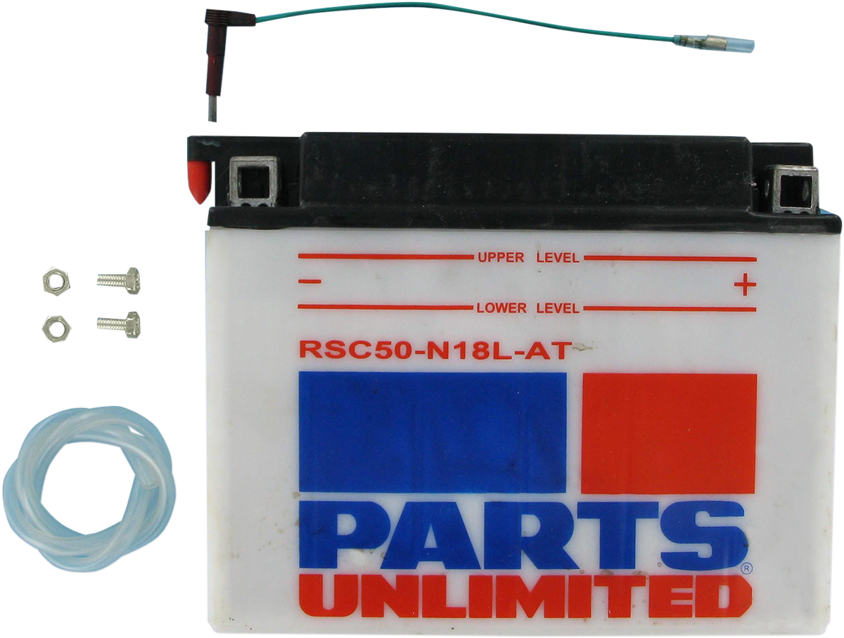 Heavy-duty Parts Unlimited RSC50N18LAT motorcycle battery with sensor showing terminals and compact design