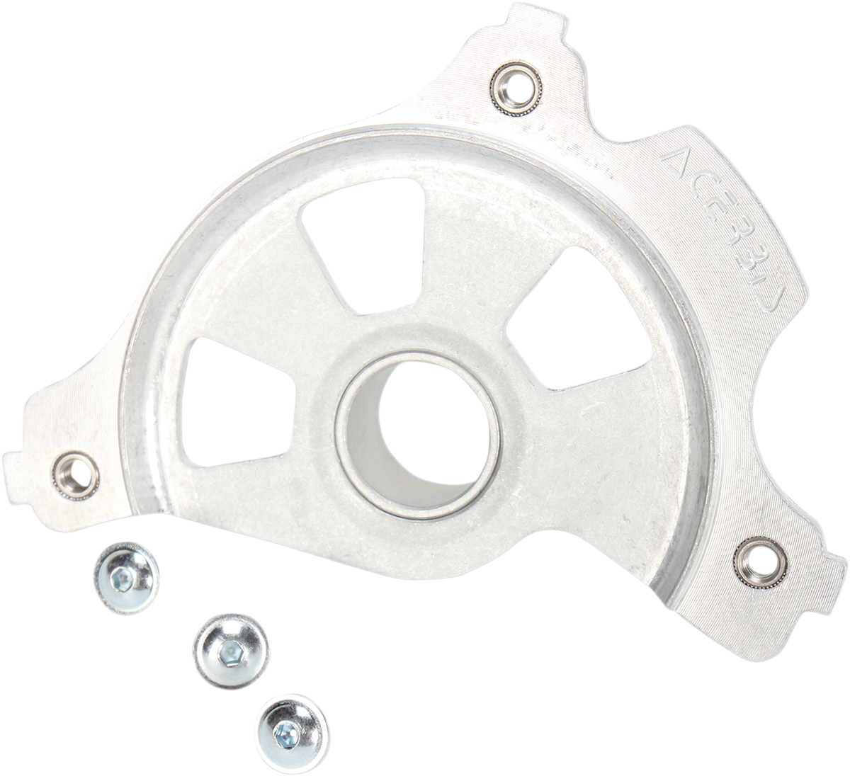 Unfinished Acerbis disc cover mount kit for Yamaha YZF motorcycle, shown on a black body with mounting hardware.