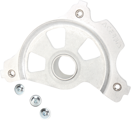 Unfinished Acerbis disc cover mount kit for Yamaha YZF motorcycle, shown on a black body with mounting hardware.