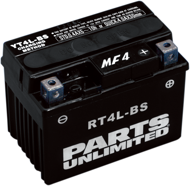 Parts Unlimited AGM Battery RTX4LBS, maintenance-free sealed lead-acid motorcycle battery with positive and negative terminals visible