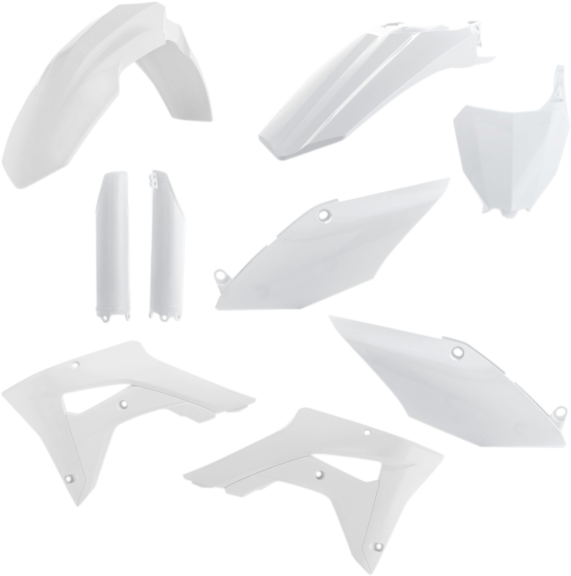 A white Acerbis full replacement body kit for motorcycles, featuring sleek panels and contours, designed for a custom fit.
