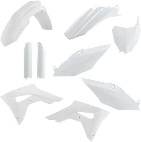 A white Acerbis full replacement body kit for motorcycles, featuring sleek panels and contours, designed for a custom fit.
