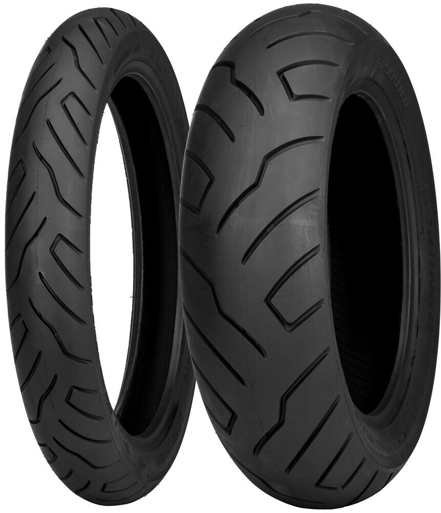 Shinko SR999 long haul front motorcycle tire 150/80-16 bias tire with tread pattern, black rubber, and sidewall markings.