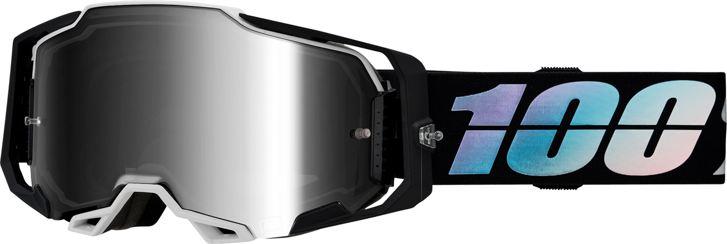 Bill's Exhausts 100% Armega Krisp silver mirror goggles with reflective lens, designed for motorcycle or sports use.