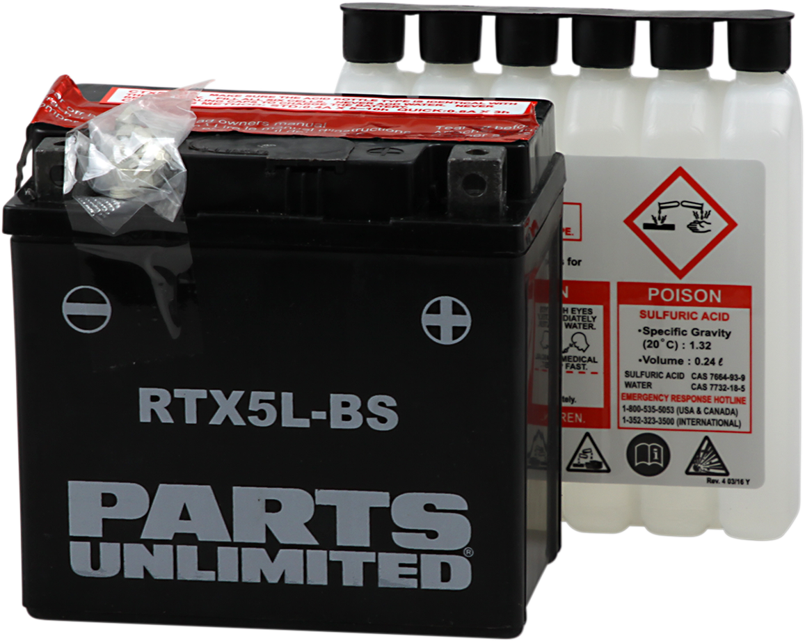 Parts Unlimited RTX5L-BS AGM motorcycle battery with 24L capacity, showing the black and silver battery with terminals.