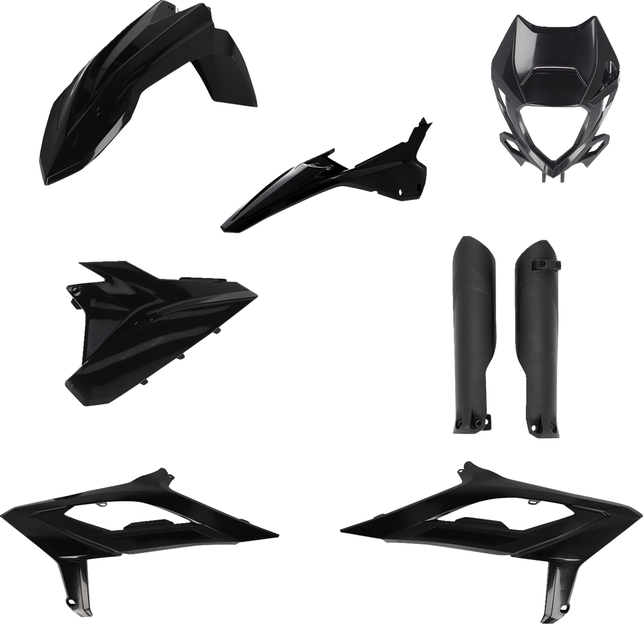 Black ACERBIS full replacement body kit for motorcycles, designed for a seamless fit and sleek appearance.