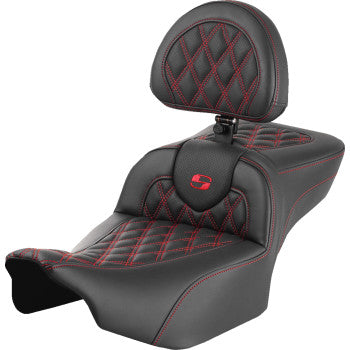 Bill's Exhausts SADDLEMEN Roadsofa™ extended reach motorcycle seat with backrest, lattice stitch, red stitching for FLTR/FLHX '23-'24