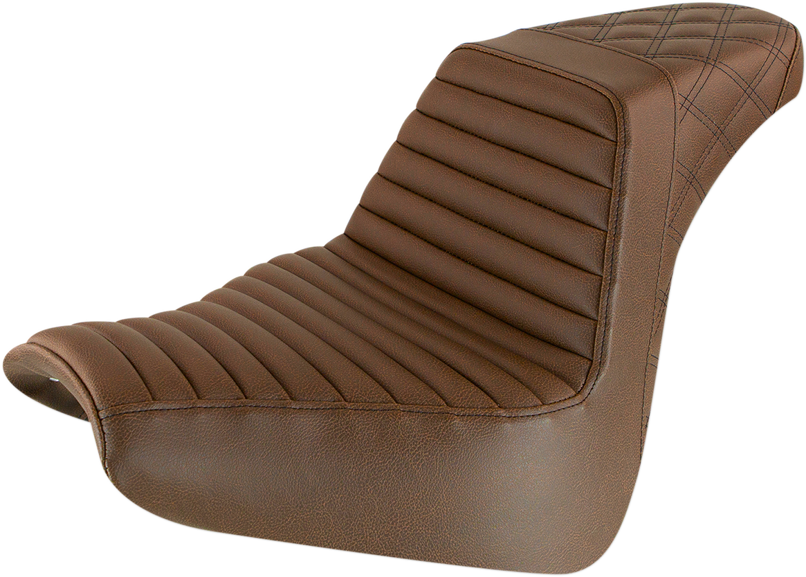 Bill's Exhausts SADDLEMEN Step-Up Seat in brown with front tuck-n-roll and rear lattice stitch, designed for motorcycle seats.