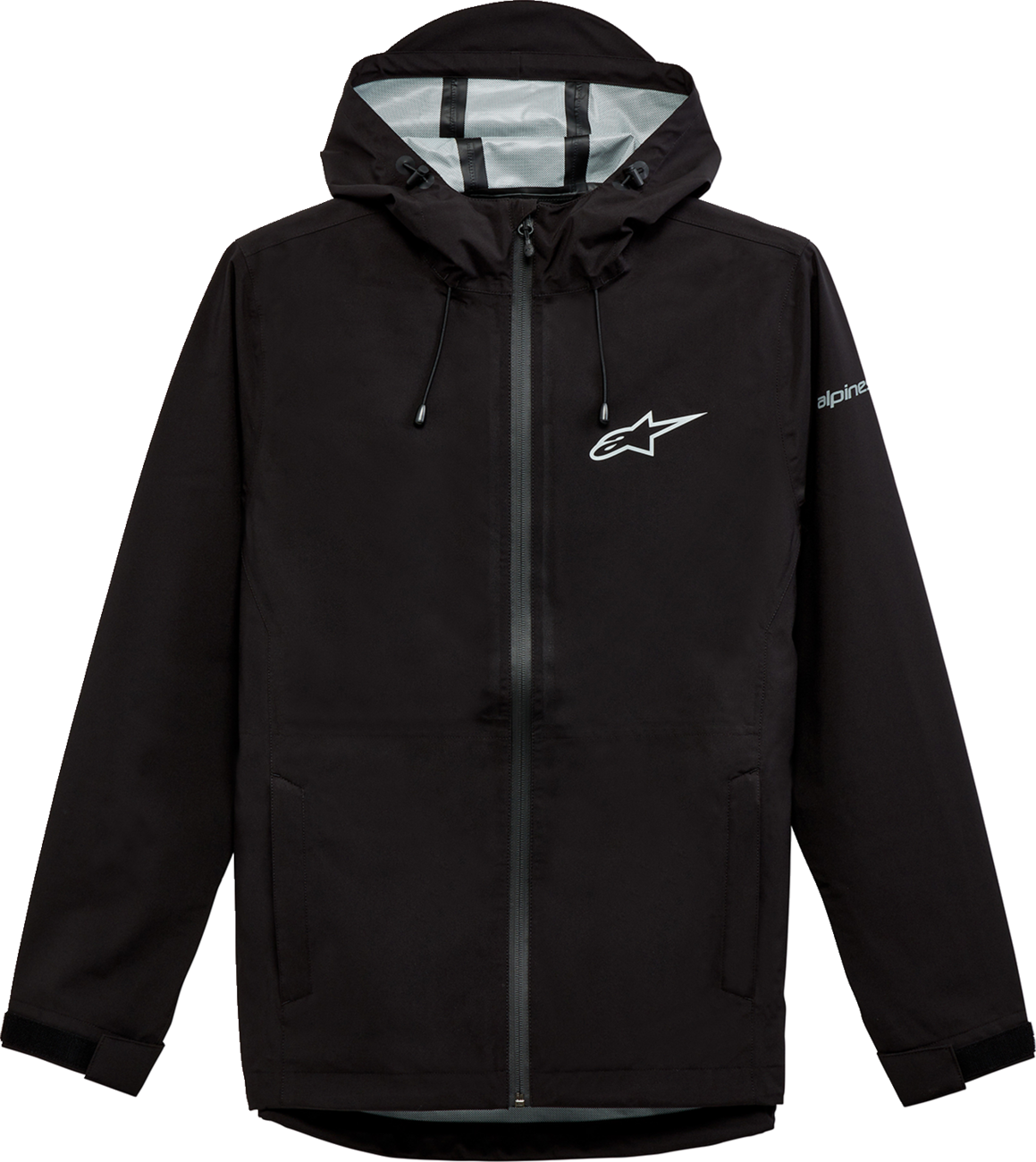 Black Alpinstars Omni Rain Jacket in large size, with waterproof fabric and adjustable hood, designed for outdoor rain protection.
