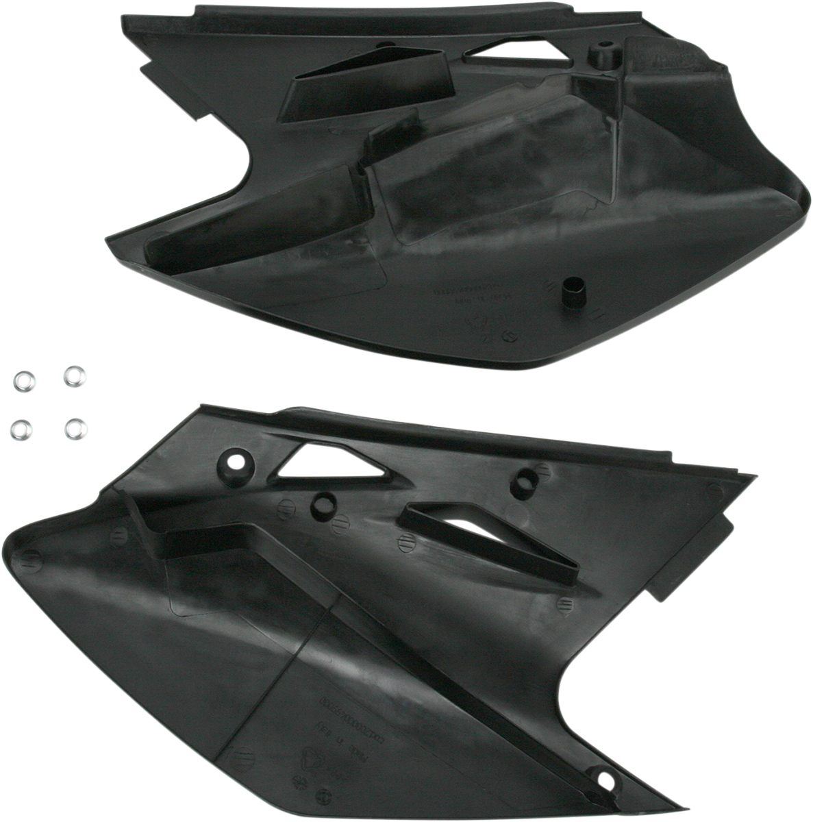Acerbis black side panels for motorcycle body, with smooth finish and mounting points, designed for durable fit and style.