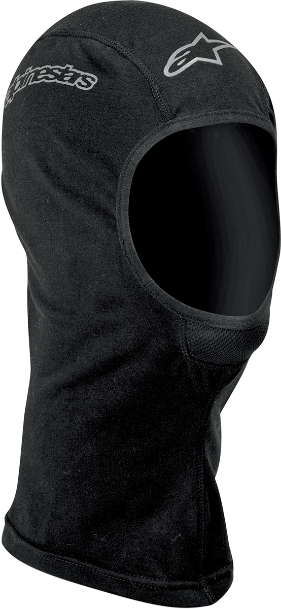 Open-face balaclava by Bill's Exhausts featuring lightweight, breathable fabric with stretch fit for motorcycle riding.