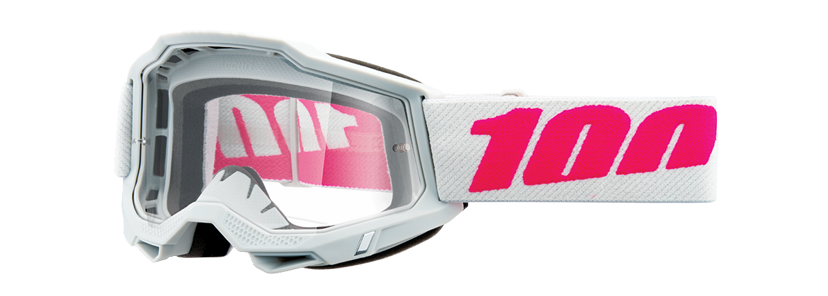 Bill's Exhausts 100% Accuri 2 Junior Goggles in clear for kids, featuring a lightweight design and adjustable strap for comfort.
