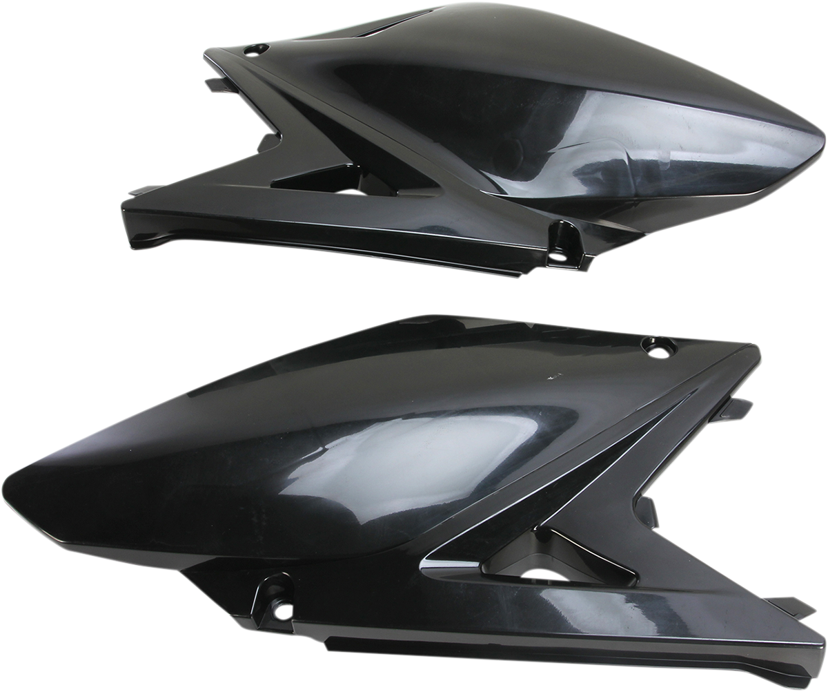Black Acerbis side panels for motorcycle body, designed for durability and style, shown in a close-up image.