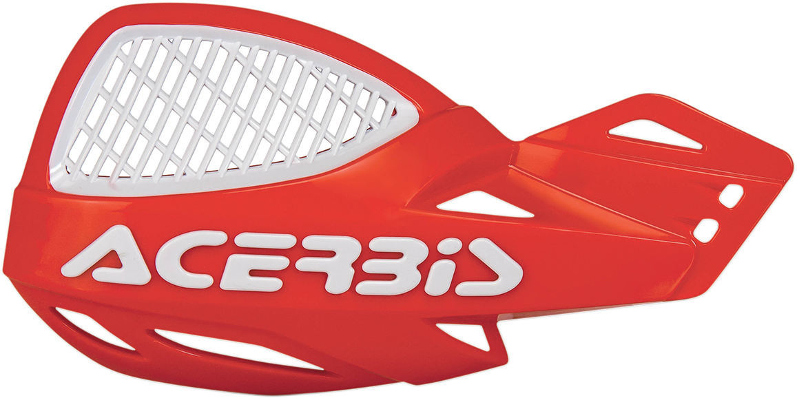 Acerbis Uniko vented handguards in red and white with body protection, designed for motorcycle handlebars.