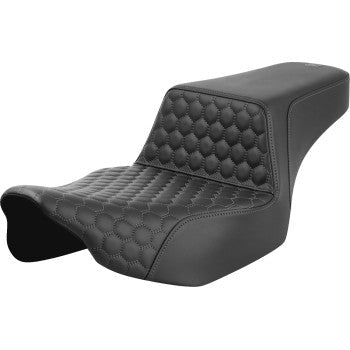 SADDLEMEN Step-Up Seat for FL 2023-2024, front extended reach with honeycomb pattern and gray stitching, by Bill's Exhausts.