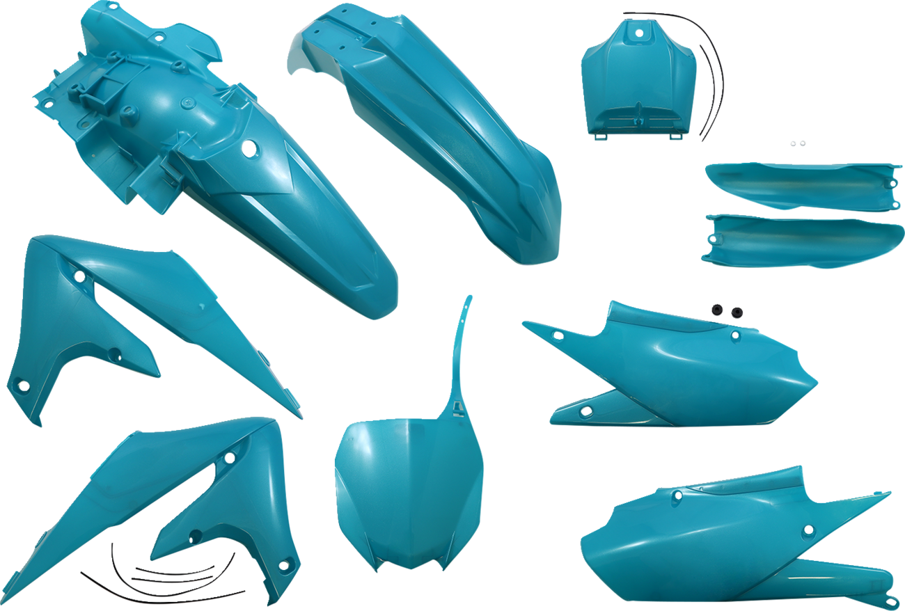 Acerbis full replacement body kit in teal and metallic finish, designed for motorcycle customization and body parts.