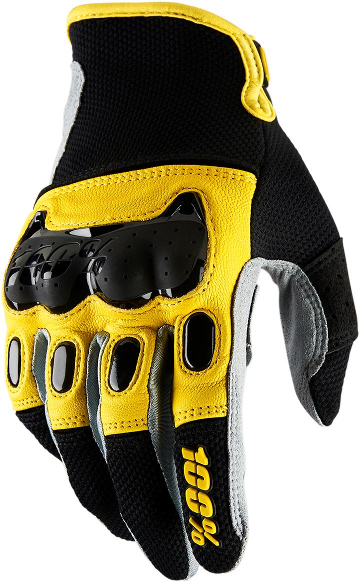 Black and yellow 100% Derestricted Gloves by Bill's Exhausts, small size, featuring protective padding and breathable fabric.