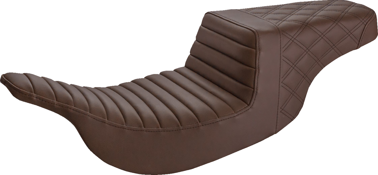 Brown SADDLEMEN Step-Up Seat with front tuck-n-roll and rear lattice stitch for motorcycles, designed by Bill's Exhausts.