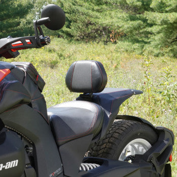 SHOW CHROME Grande Backrest for Can-Am Ryker, driver seat with ballistic red stitching, designed by Bill's Exhausts.