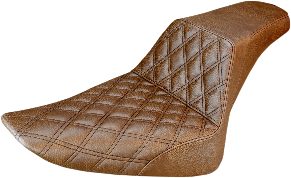 Brown SADDLEMEN Step-Up Front Seat with lattice stitching, designed for motorcycles, by Bill's Exhausts.
