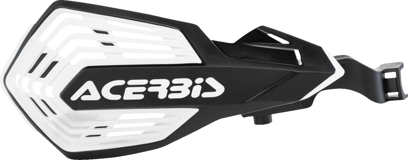 A pair of black and white ACERBIS K-Future handguards for motorcycle handlebars, featuring the Bill's Exhausts branding.