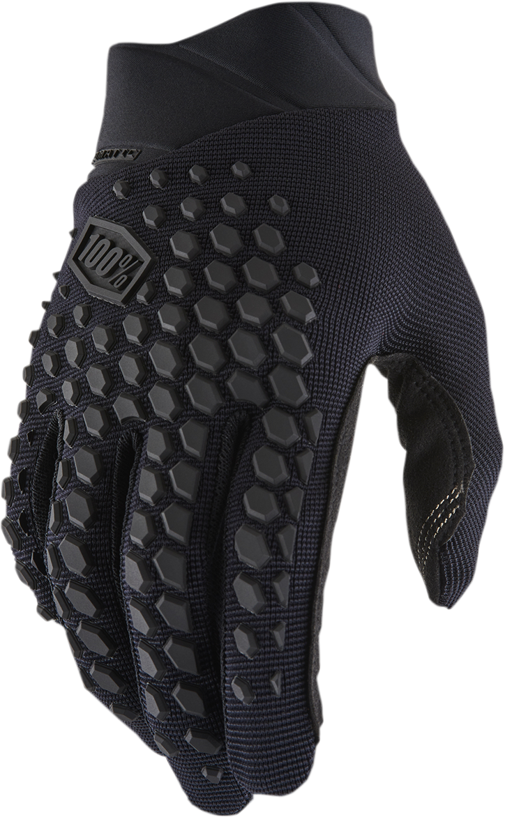 Black and charcoal Geomatic gloves by Bill's Exhausts, small size, made of durable material for outdoor or work use.