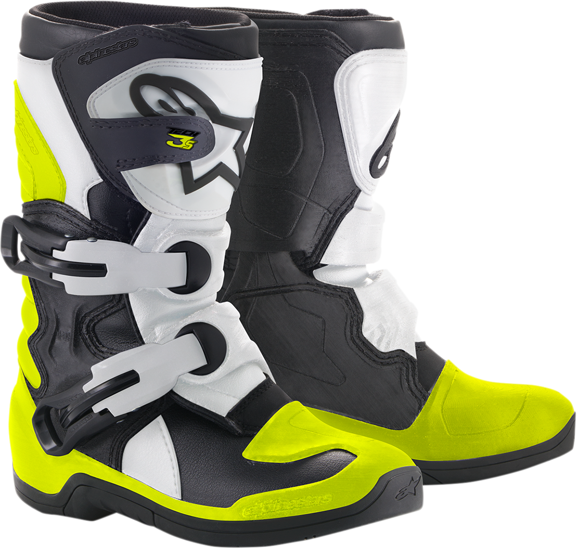 Alpinestars Youth Tech 3S motorcycle boots in black, white, and yellow with protective design and adjustable straps.