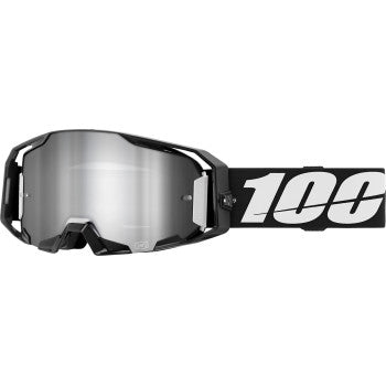 Bill's Exhausts 100% ARmatic goggles in black with silver flash mirror lenses, showing a sleek aerodynamic design.