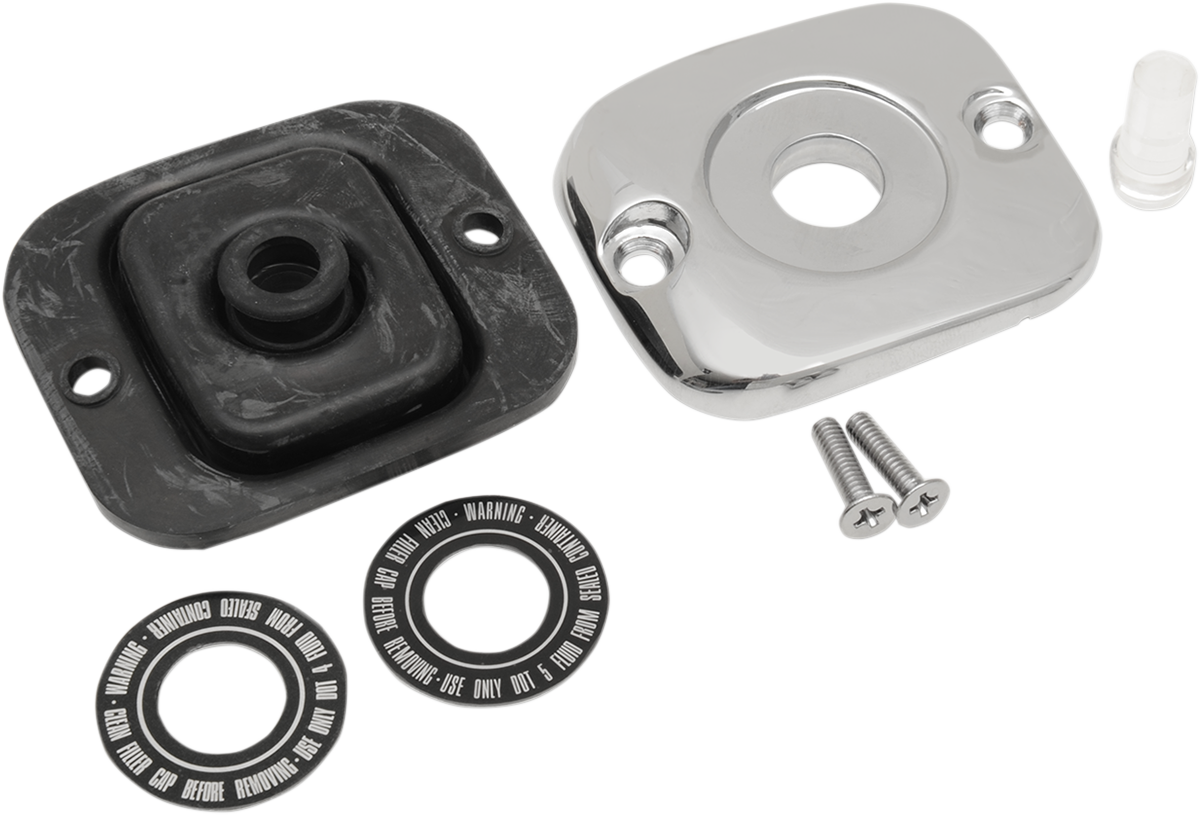 Chrome master cylinder cover by Drag Specialties for 1996-2017 Harley Davidson models, OEM style, enhances motorcycle's front end.