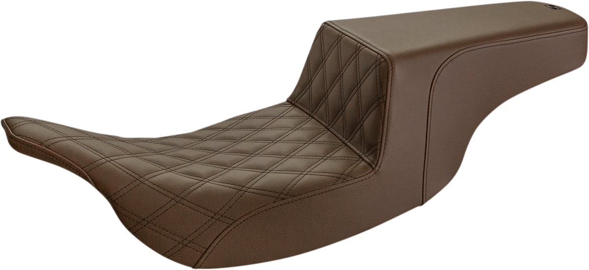 Bill's Exhausts SADDLEMEN Step-Up Seat with front lattice stitch in brown, featuring a durable motorcycle seat design.