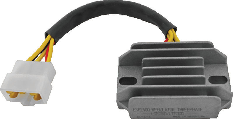 QuadBoss voltage regulator for Suzuki LT-4WD QuadRunner 1987-1998, close-up of the black component with wiring connections