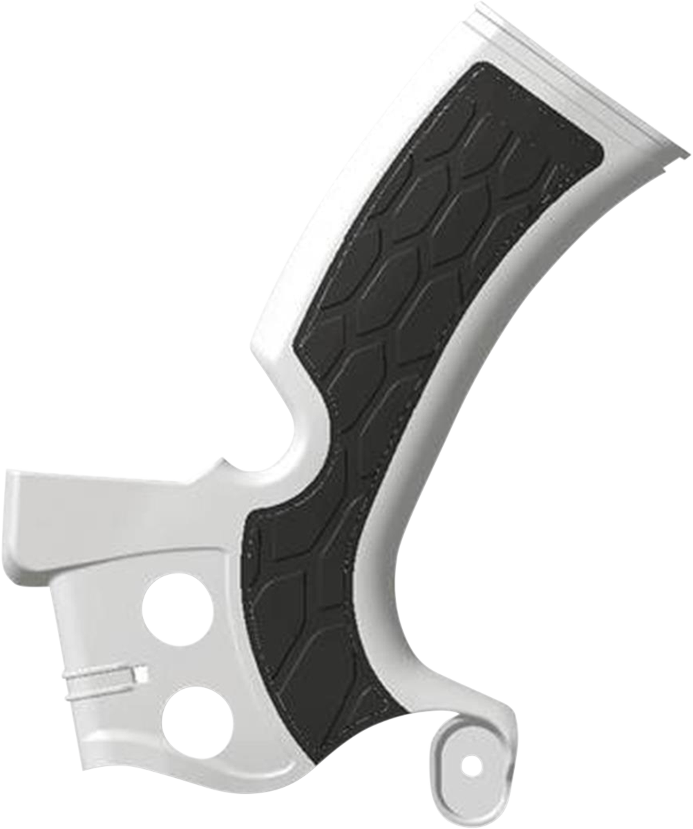 A close-up of ACERBIS X-Grip frame guards in white and black mounted on a motorcycle frame.
