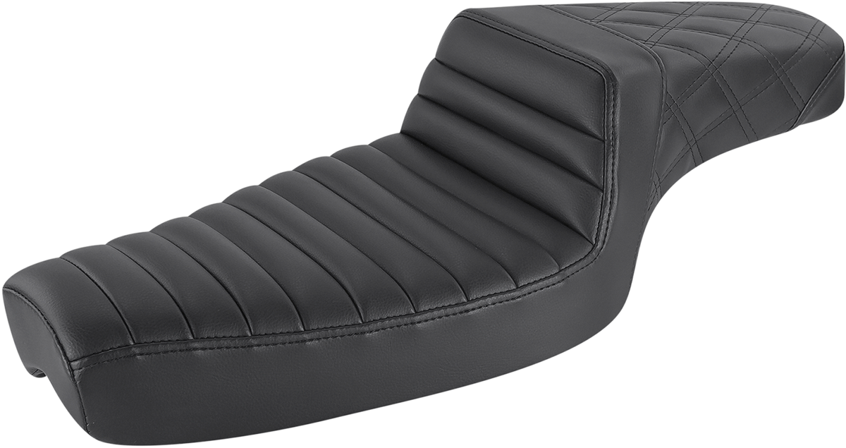 Black SADDLEMEN Step-Up Seat with front tuck-n-roll and rear lattice stitch for motorcycles, featuring a sleek design.