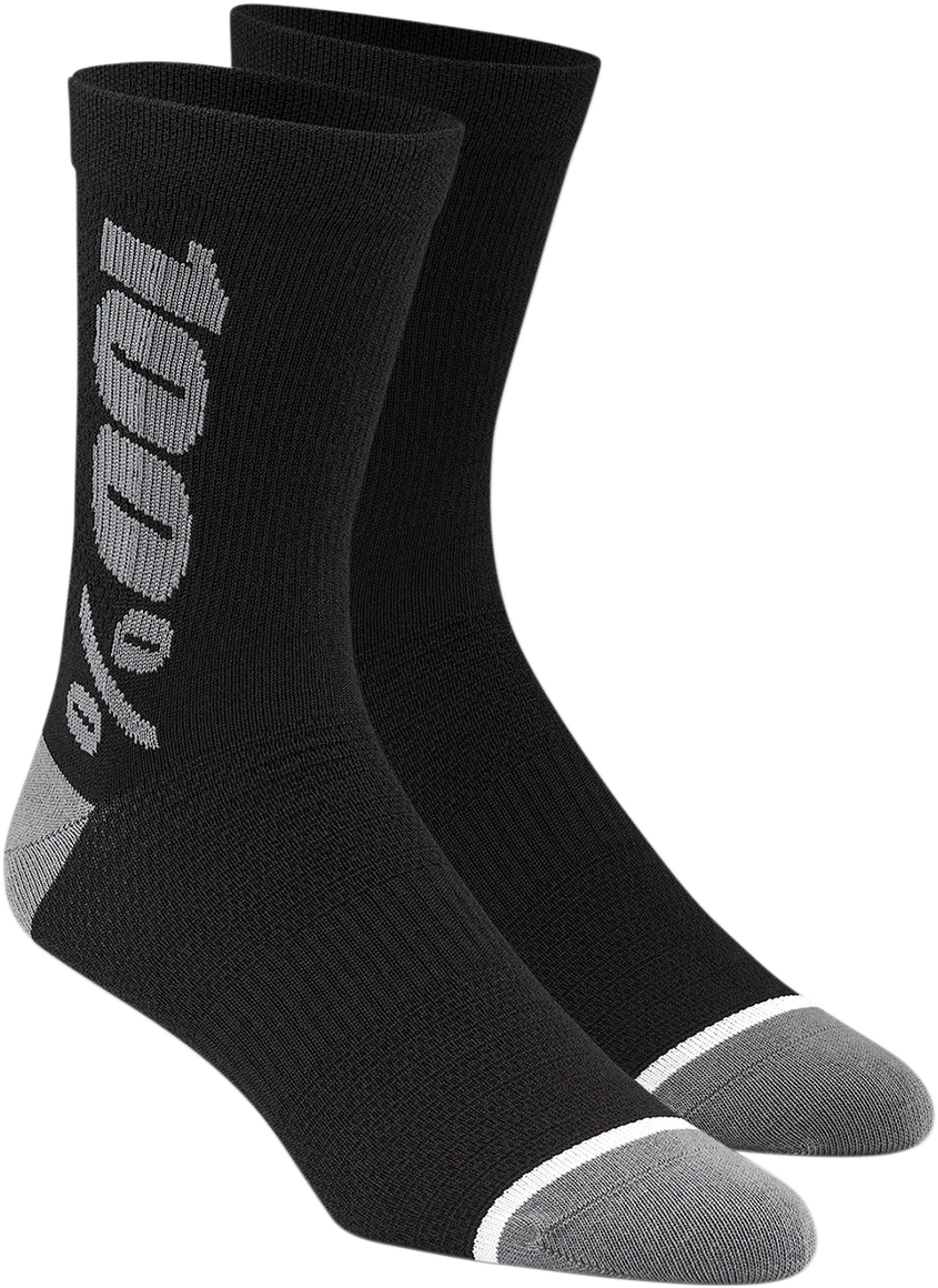 Black and gray Merino wool performance socks by Bill's Exhausts, small/medium size, showing the sock's texture and design details.