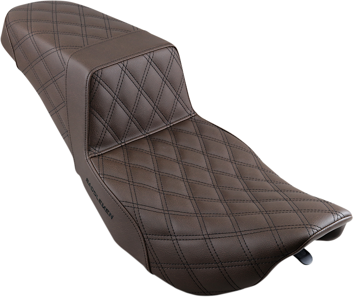 Bill's Exhausts SADDLEMEN Step-Up Seat in brown with full lattice stitch, designed for motorcycle comfort and style.